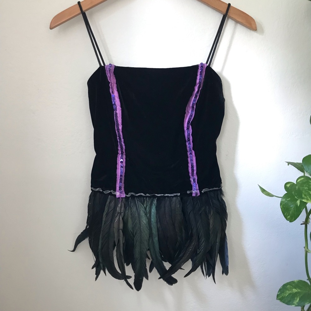 Women’s black velvet and feather costume top